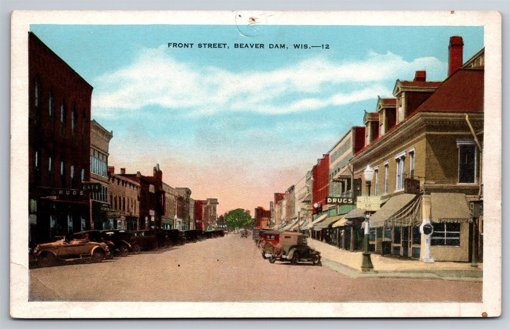 Front Street Downtown Business Stores Drugs Beaver Dam WI C1920's WB Postcard V1