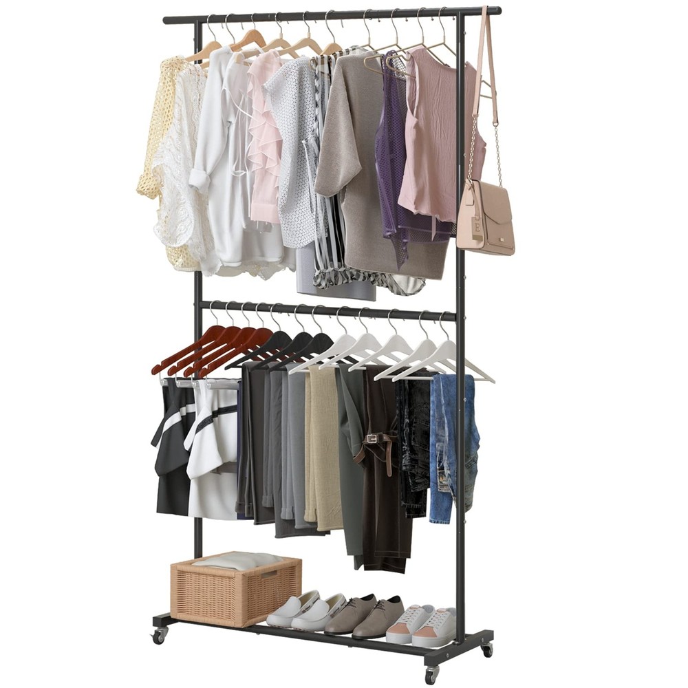 Double Rod Rolling Garment Rack with Wheels for Clothes Storage and Organization-image