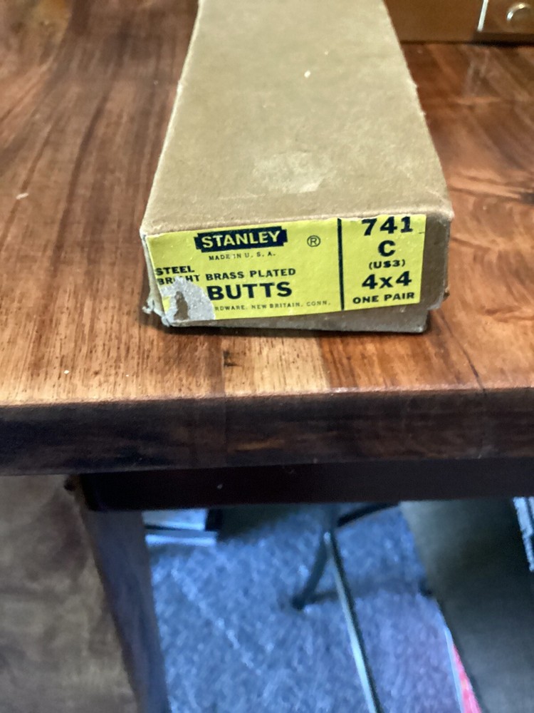 Vintage Stanley 4x4 Polished Brass Plated Door Hinges Butts 741 w/ Box
