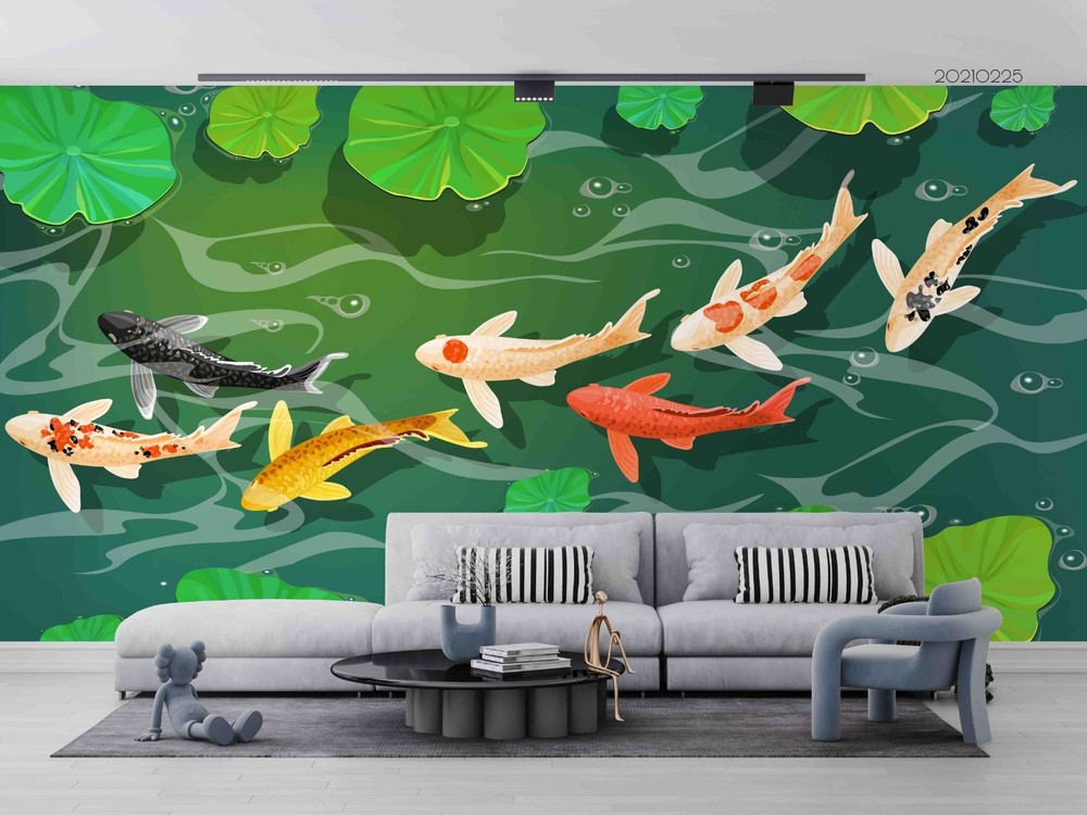 3D Lotus Pond Fish Illustration Wall Murals Wallpaper Murals Wall Sticker