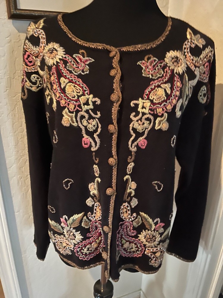 Vintage Black Heirloom Cardigan Multi Needlework Ramie Cotton Blend