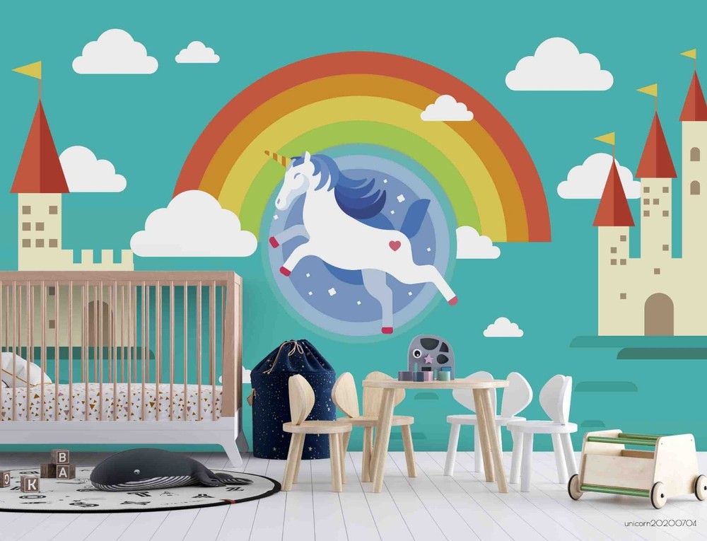 3D Unicorns Castle Clouds Illustration Wall Murals Wallpaper Murals Wall Sticker