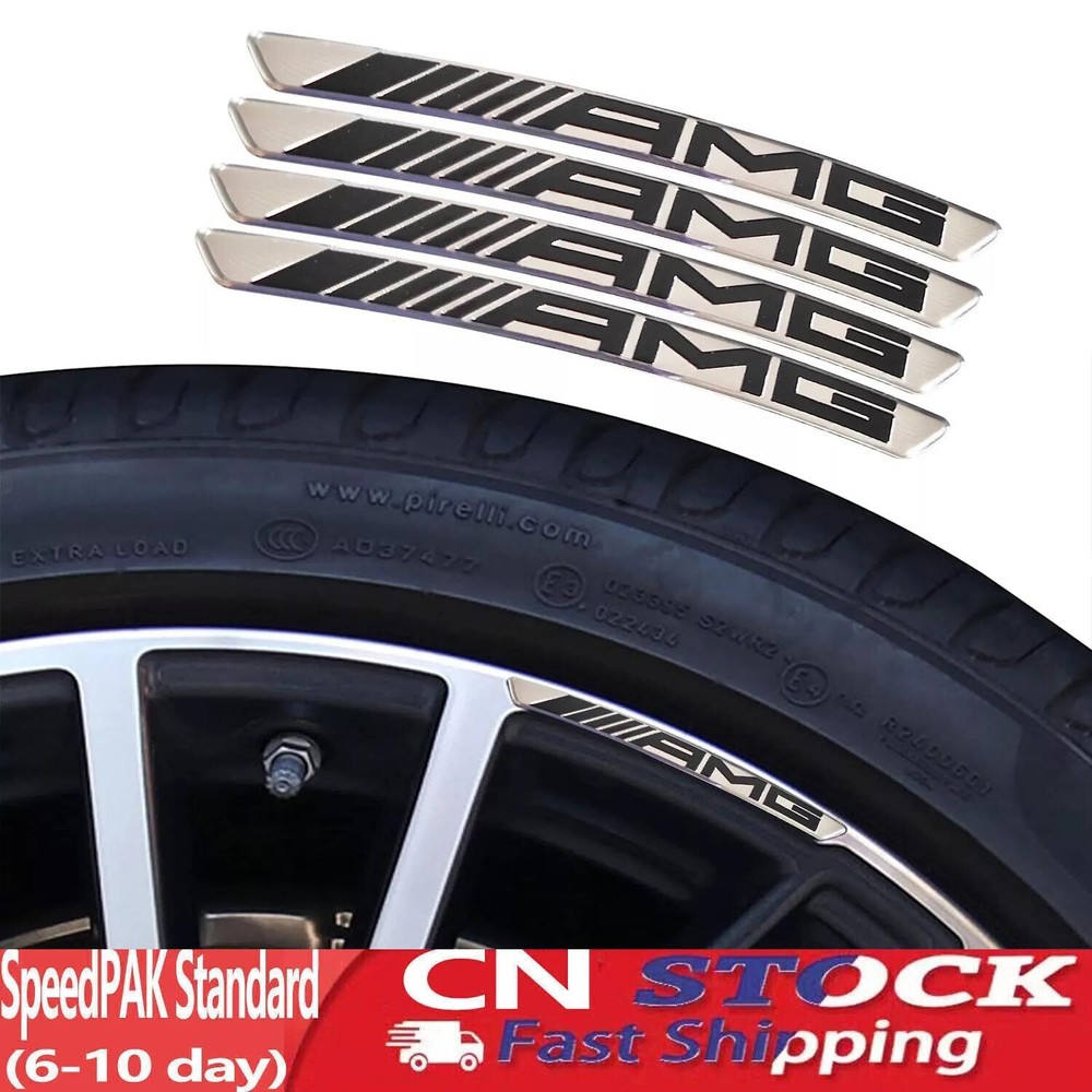 4Pc Set 3D Amg Emblem Badge Sports Wheel Wheels Rims Sticker Black Chrome NEW