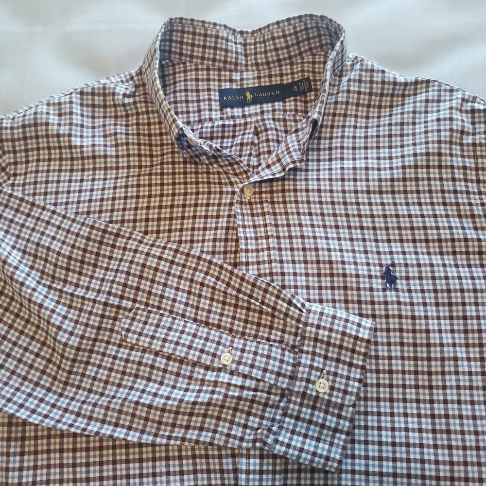 Polo Ralph Lauren Long Sleeve Button Up Shirt Mens XL TG Blue Brown Check Logo