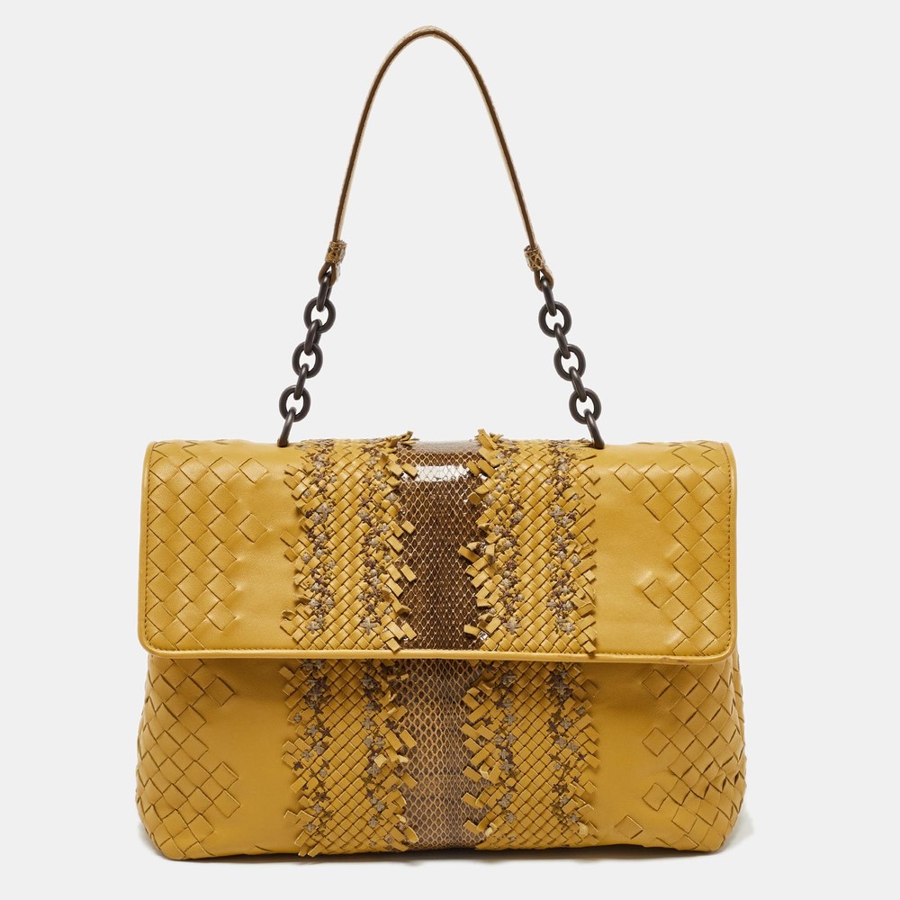 Bottega Veneta Olimpia Shoulder Bag in Yellow Brown Intrecciato Leather with Watersnake Trim