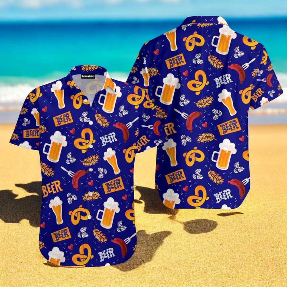 Beer Pretzels Pattern Hawaiian Shirt For Men US Size Summer Style NEW