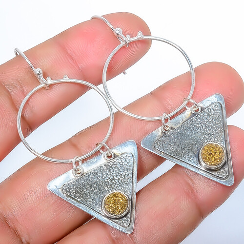 Titanium Golden Agate Drusy 925 Sterling Silver Earring 2.42