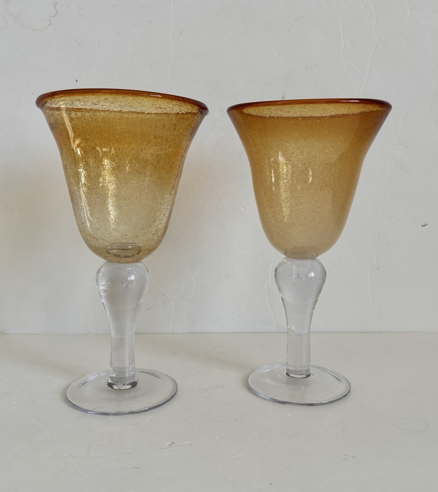 2 Amber Seeded Bubble Handblown Glass Goblets 14oz Large Pedestal Glassware