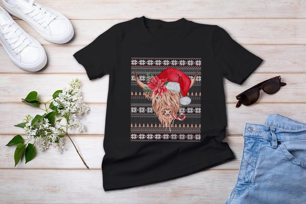 Farmhouse Christmas Stocking Stuffers Highland Christmas Cow T-Shirt