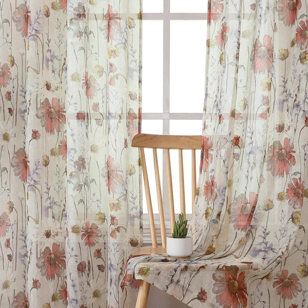 OWENIE Crushed Sheer Curtains 84 Inch Length 2 Panels Set, Sheer Floral Curtains