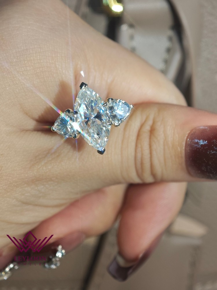 3 Carat D Color Silver Moissanite Marquise 3-Stone Ring 7x14mm