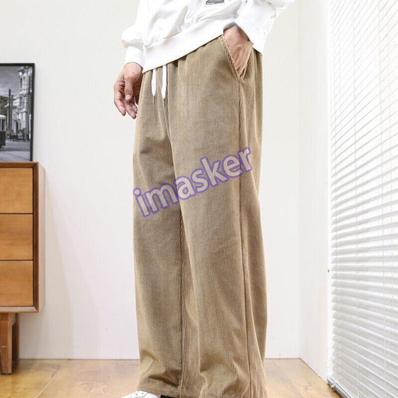 Men's Winter Corduroy Pants Loose Straight Wide Leg Drawstring Casual Trousers