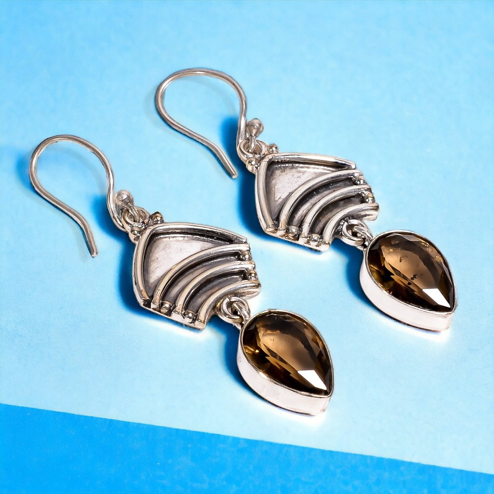 Gift For Women Drop/Dangle Birthstone Earrings 925 Silver Natural Smoky Quartz