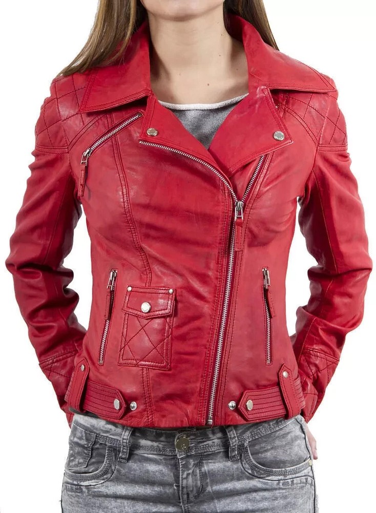 Women's Genuine Lambskin Leather Motorcycle Slim fit Red Biker Classic Jacket