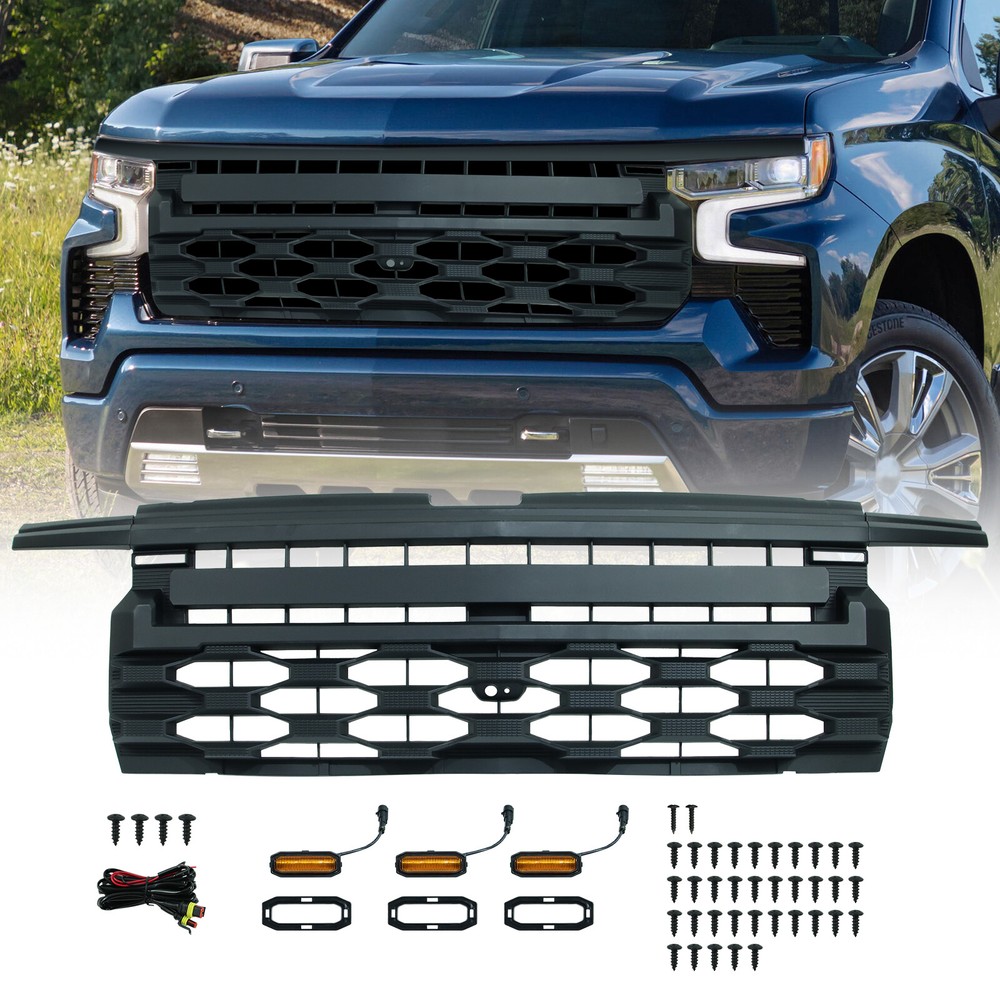Gloss Black Front Grille W/LED Light For 2022 2023 2024 Chevrolet Silverado 1500