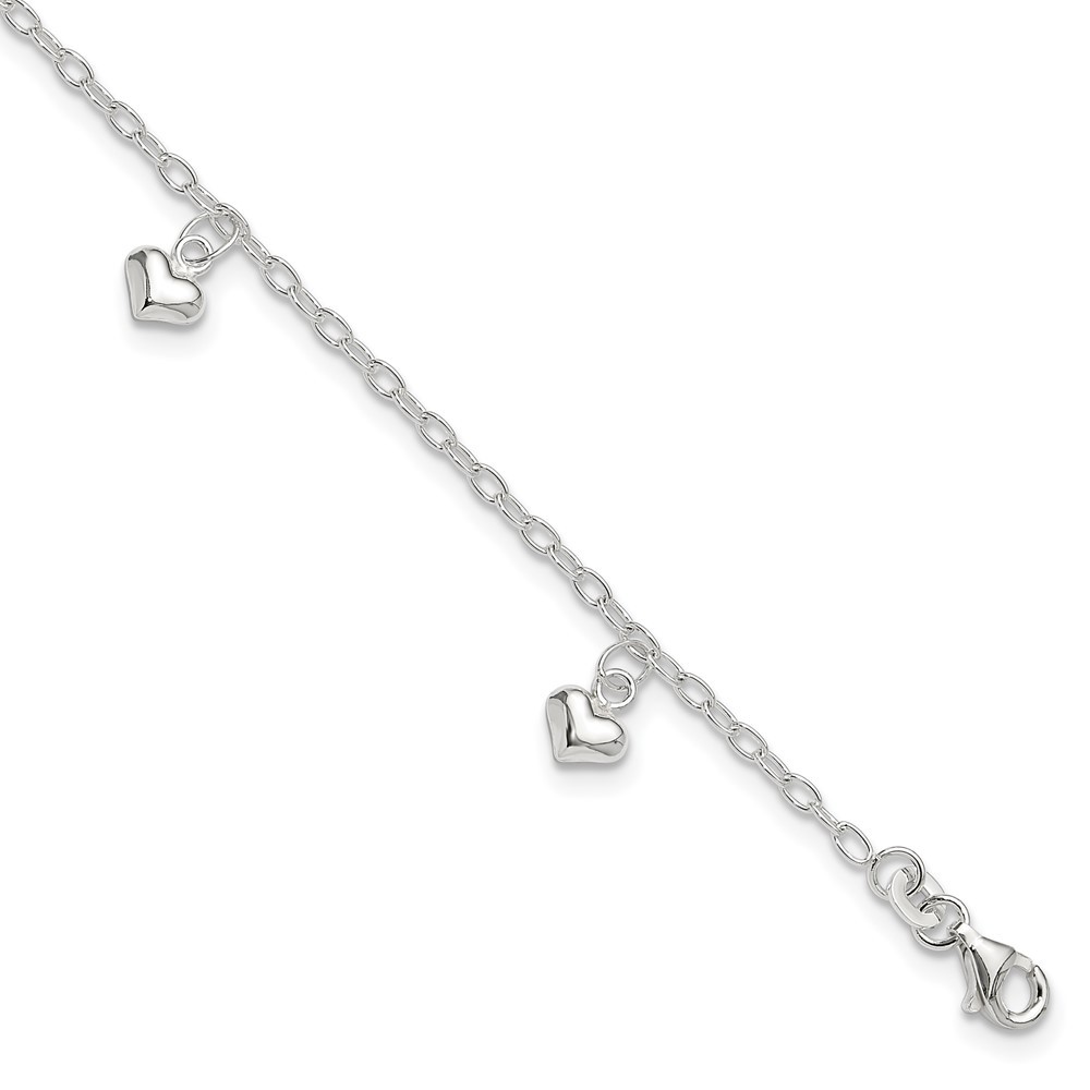 Sterling Silver Polished Puffed Heart Anklet for Women 11 Inch 3.15g