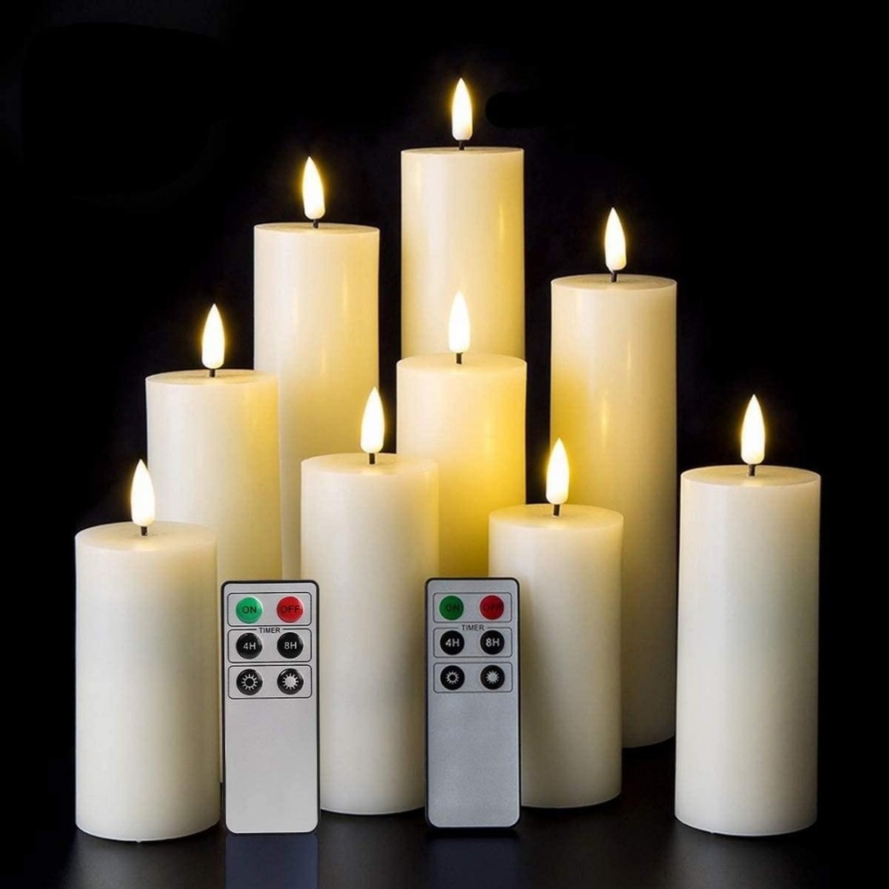 Realistic Ivory Slim Flameless Pillar Candes with Remote, Real Wax Flickering...