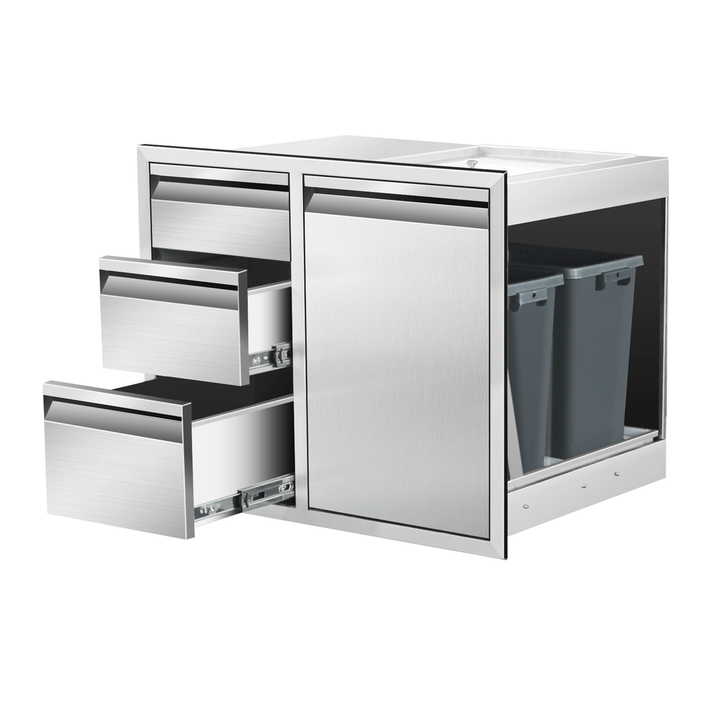 Outdoor Kitchen Drawer Combo Cabinet Steel Built-in Triple Drawers&Trash Storage