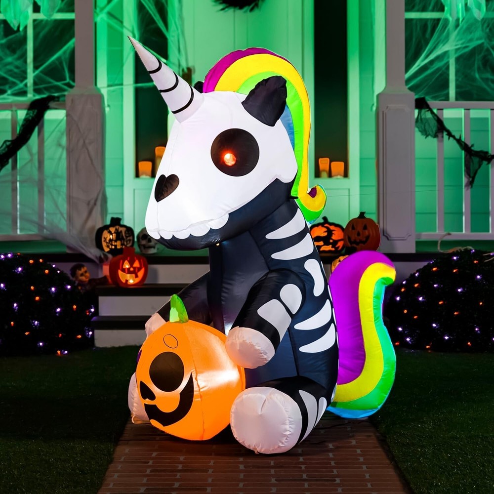5ft Inflatable Halloween Unicorn Skeleton with Pumpkin Decoration