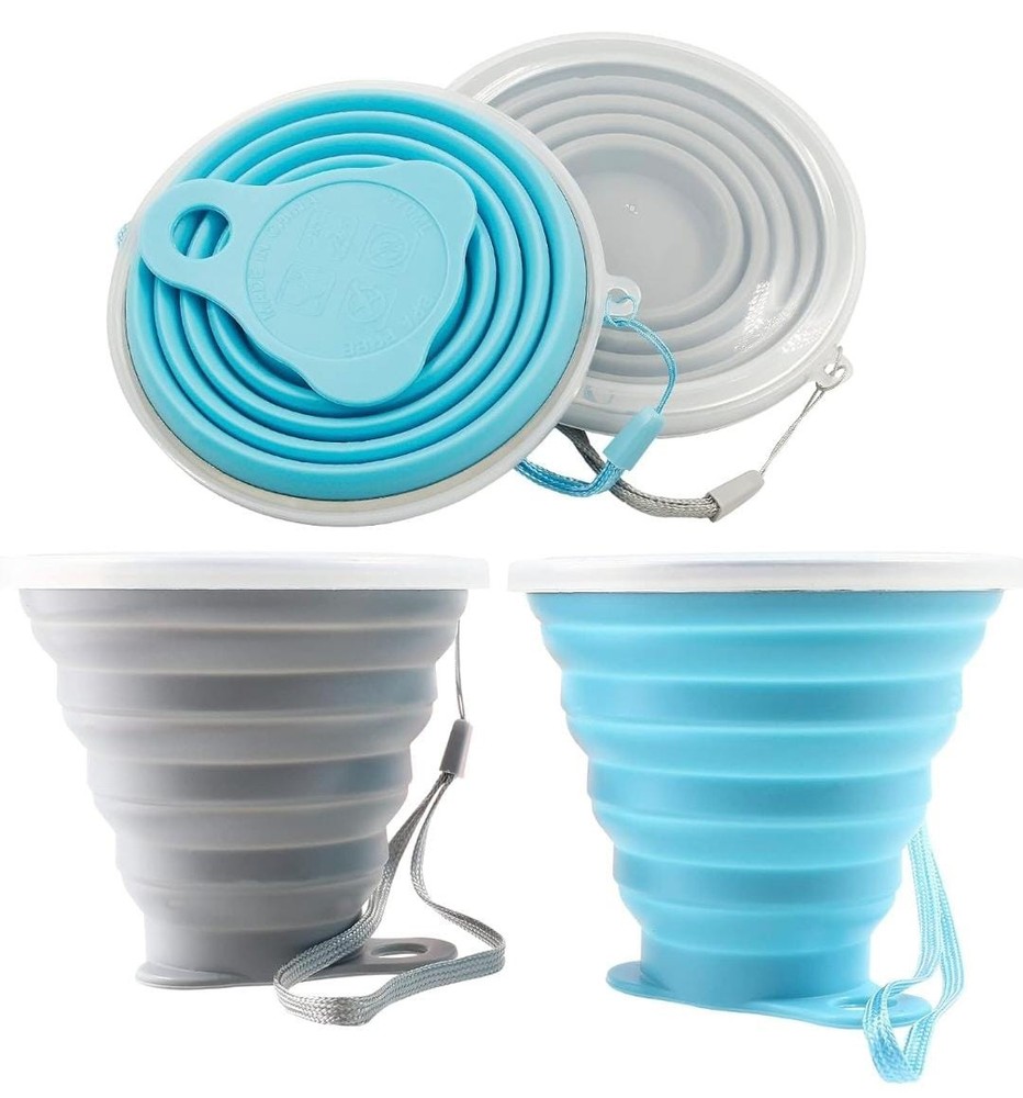 2 Pack Silicone Collapsible Travel Cups Portable Folding Camping Cups with Lids