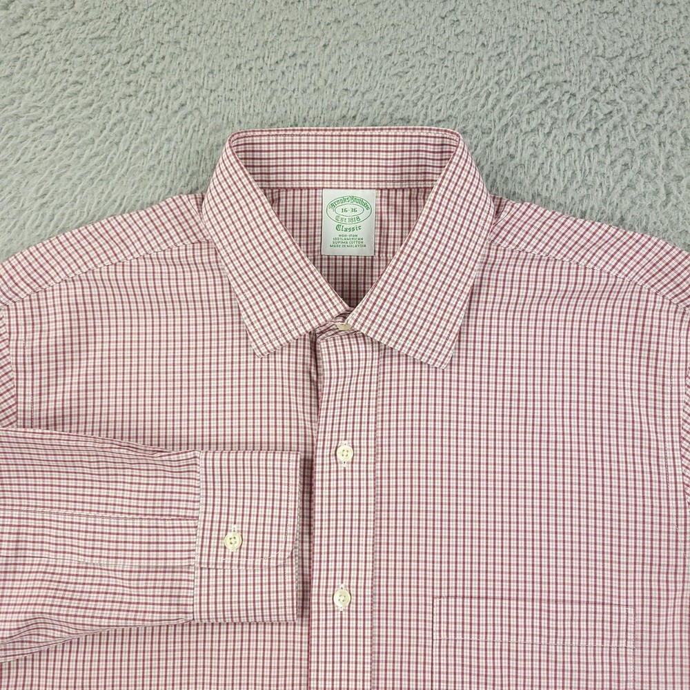 Brooks Brothers Dress Shirt Mens 16 Red Check Classic Non Iron Supima Cotton