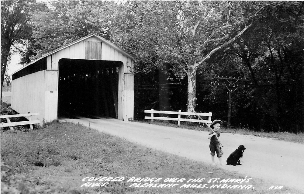 1940s Pleasant Mills Indiana Covered Bridge St Marie's RPPC Postcard 25-7246