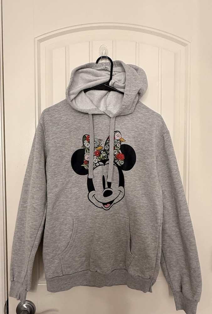 Disney Minnie Mouse Floral Gray Pullover Hoodie Women’s Size L