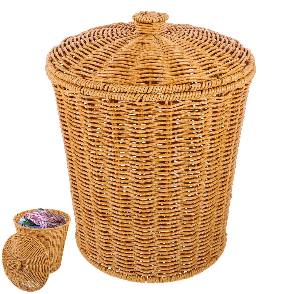 Wicker Trash Basket with Lid Rattan Waste Hamper Storage Daily Dolls