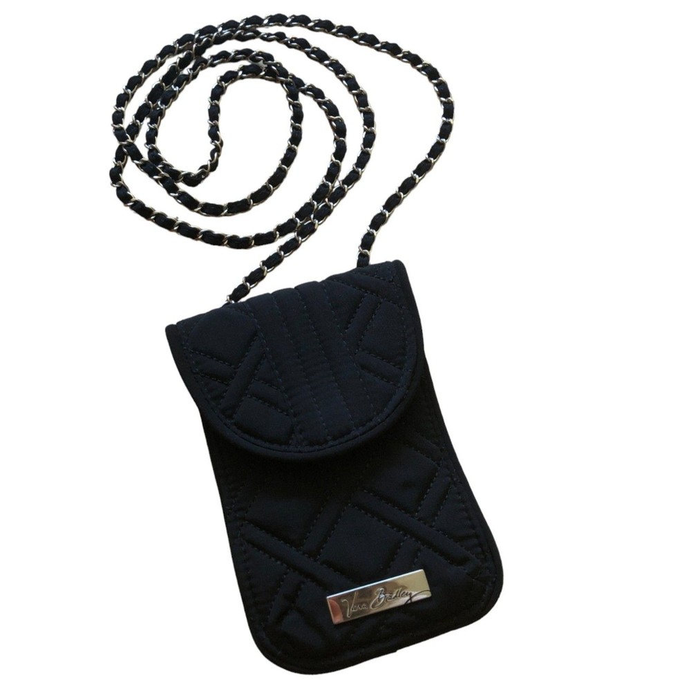 Vera Bradley Black Quilted Cotton Crossbody Wallet with Silver Chain  