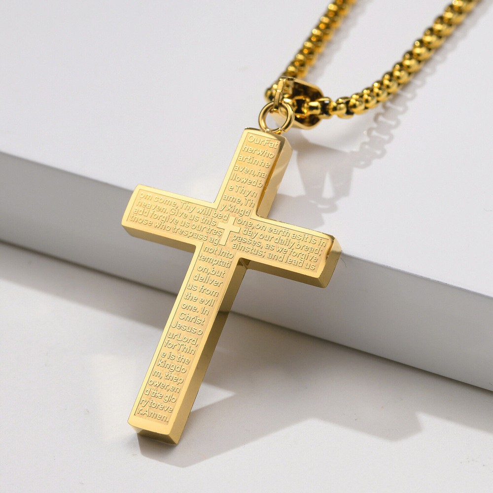 Cross Pendant Necklace for Men Women Stainless Steel Engrave Lord's Prayer Chain
