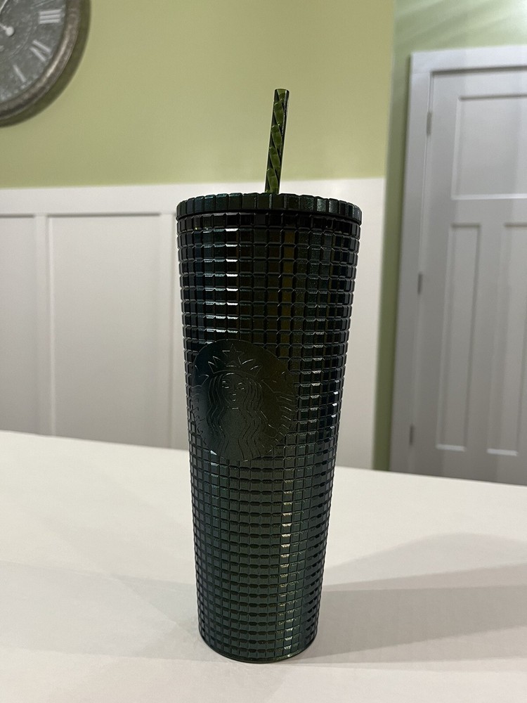 Starbucks 2021 Holiday Dk Green Metallic Grid Disco 24 Oz Cold Cup Tumbler