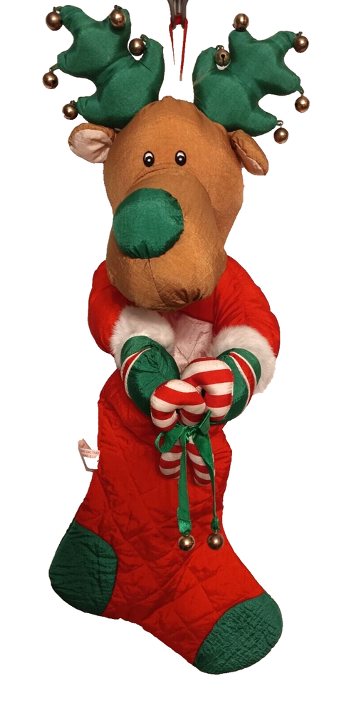 Vintage Reindeer Christmas Stocking, Jingle Bells on Antlers, Nylon Candy Cane