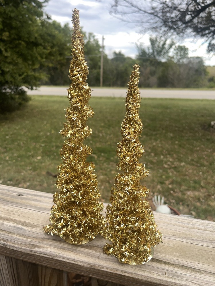 Rare Vintage West Germany 10” And 12” Mini Wired Tinsel Garland Trees Gold