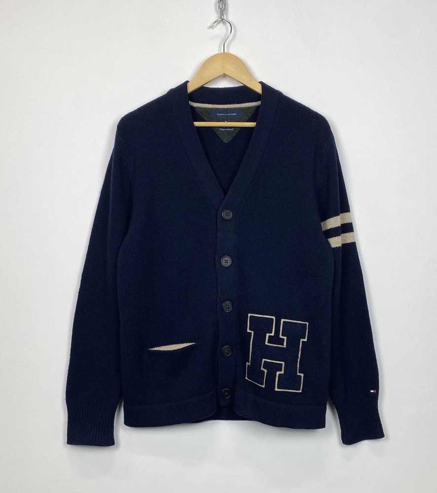 Tommy Hilfiger Men’s Lambswool Cardigan with Leather Elbow Patches Size M