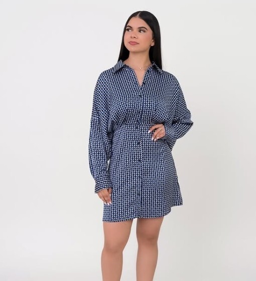 H&M Women's Size M Blue/Black Button-Up Satin Shirt Dress