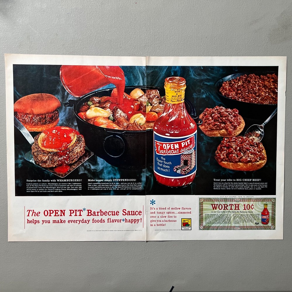 1961 Open Pit BBQ Sauce Vintage 2-Page Ad with Coupon Retro Flavor-image