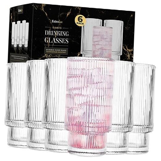 Ribbed Glass Cups Set of 6 - 12 oz Textured Drinking Glasses