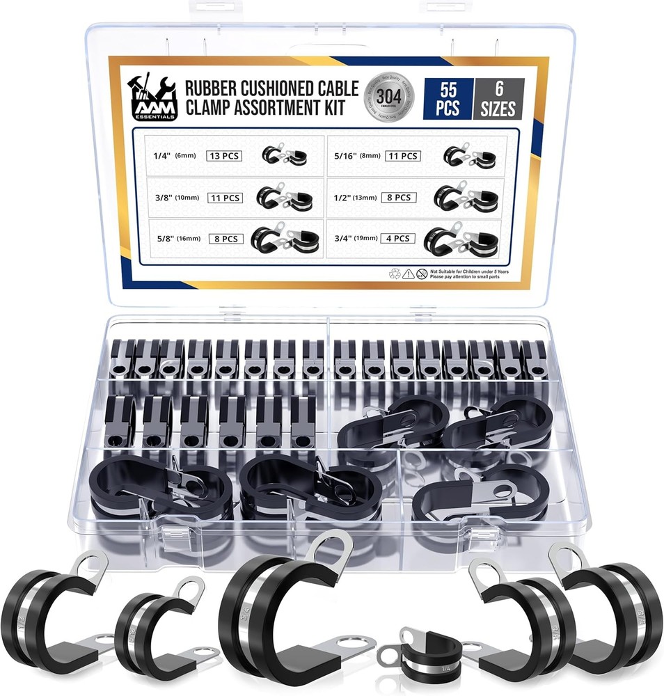 55-Piece 304 Stainless Steel Cable Clamps with Rubber Cushions in 6 Sizes