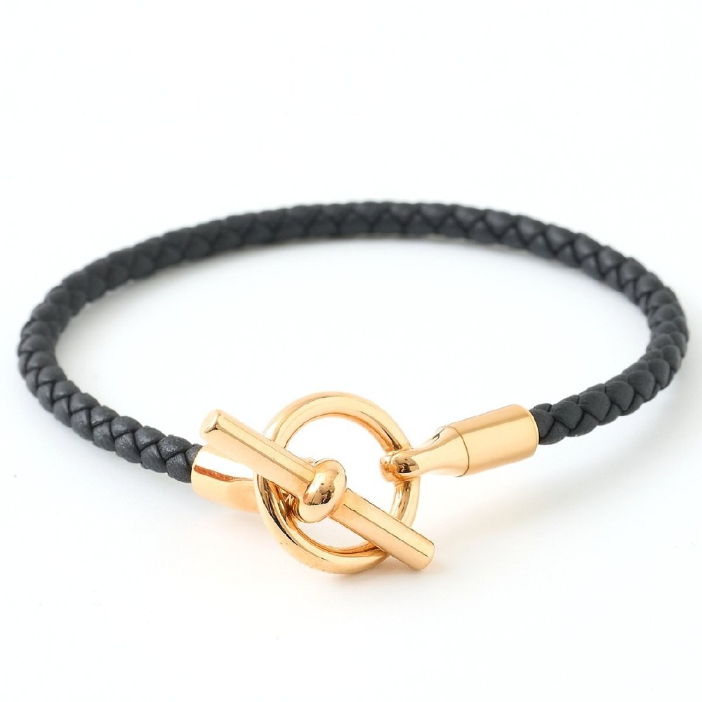 HERMES Swift Veau Leather Bracelet Bangle Gold Plated Black 27303