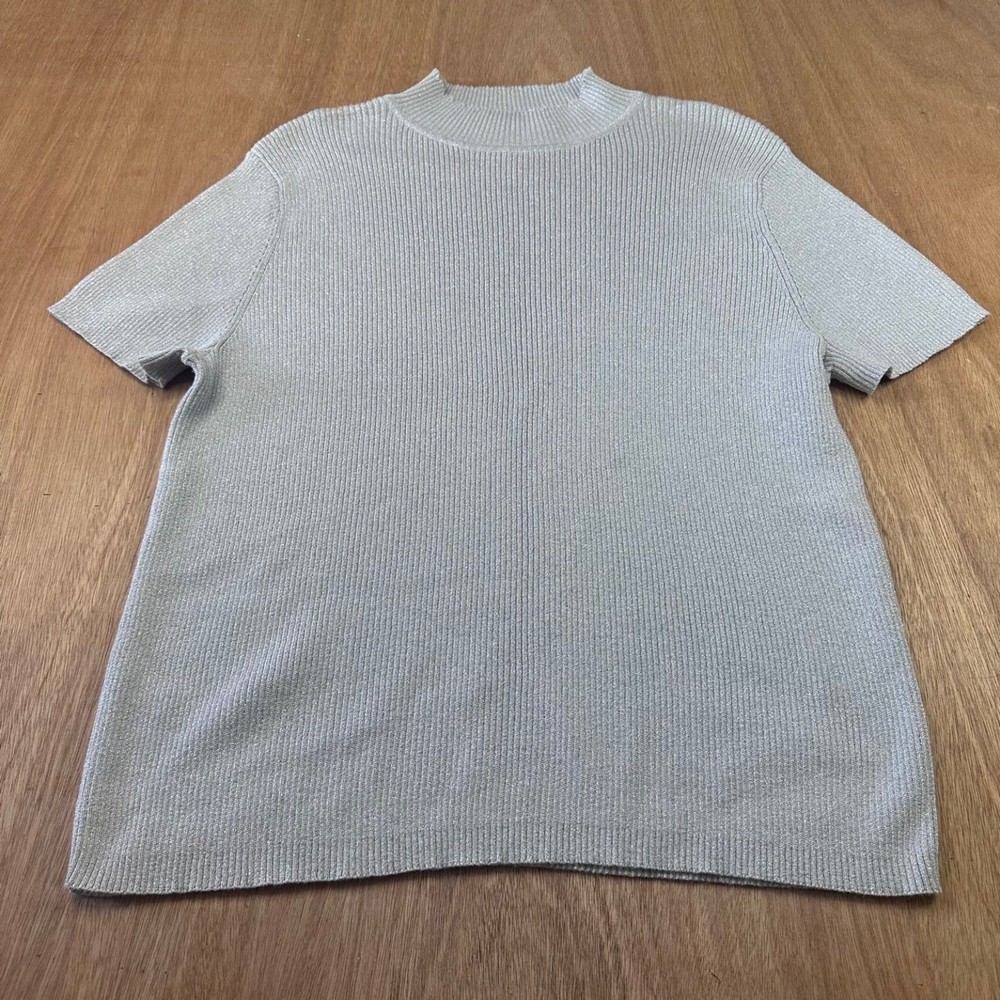 Sag Harbor Womens XL Silver Metallic Ribbed Knit Top Short Sleeve