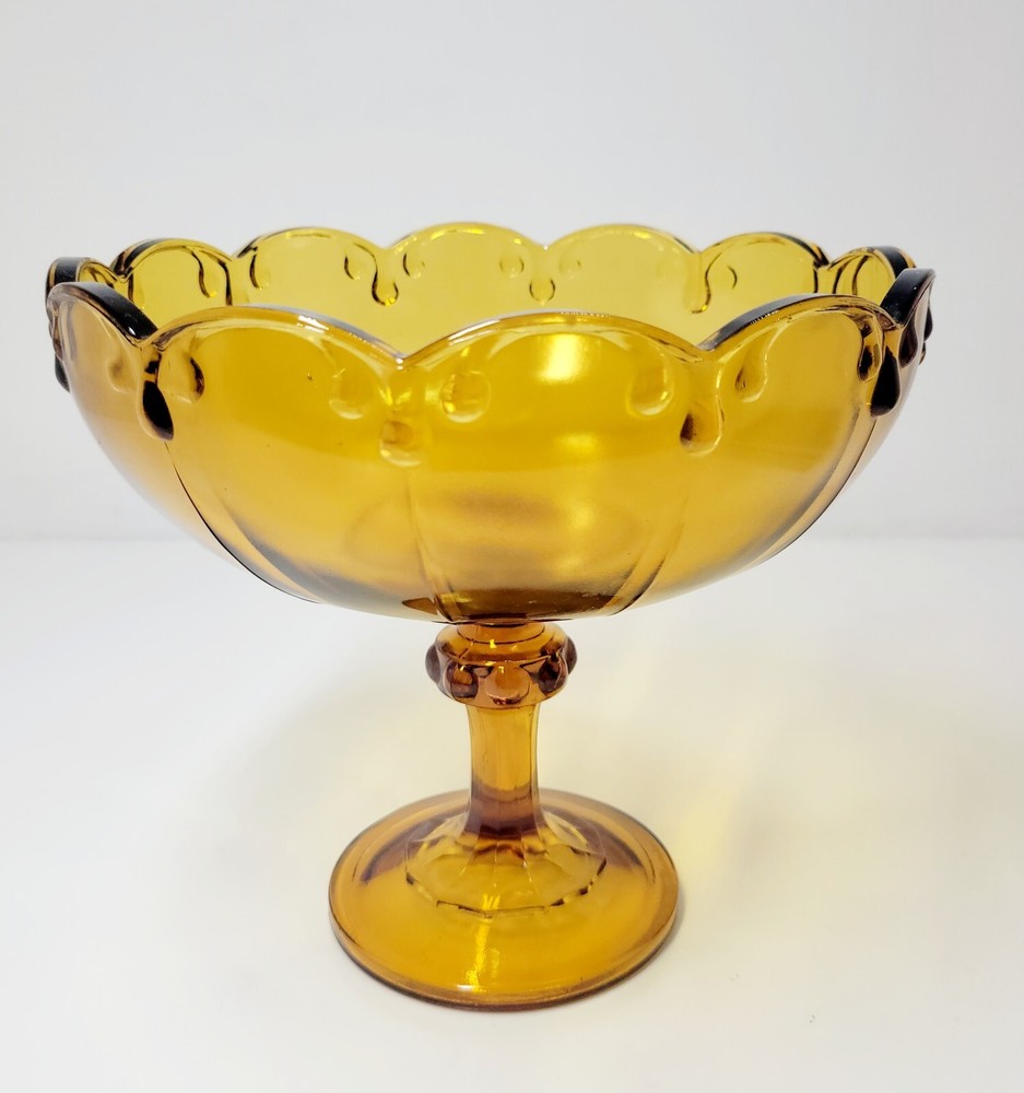 Large Scalloped Indiana Amber Glass Pedestal Fruit Bowl Mid Century Modern