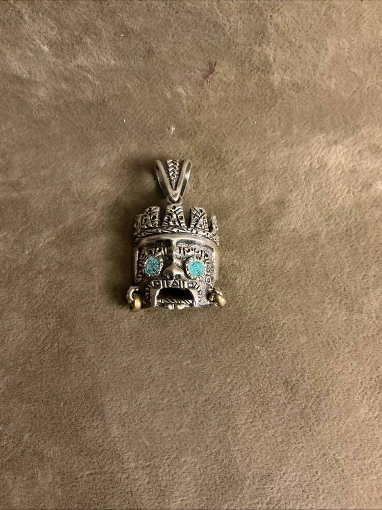 925 Sterling silver Mayan mask design necklace medallion blue rhinestone eyes