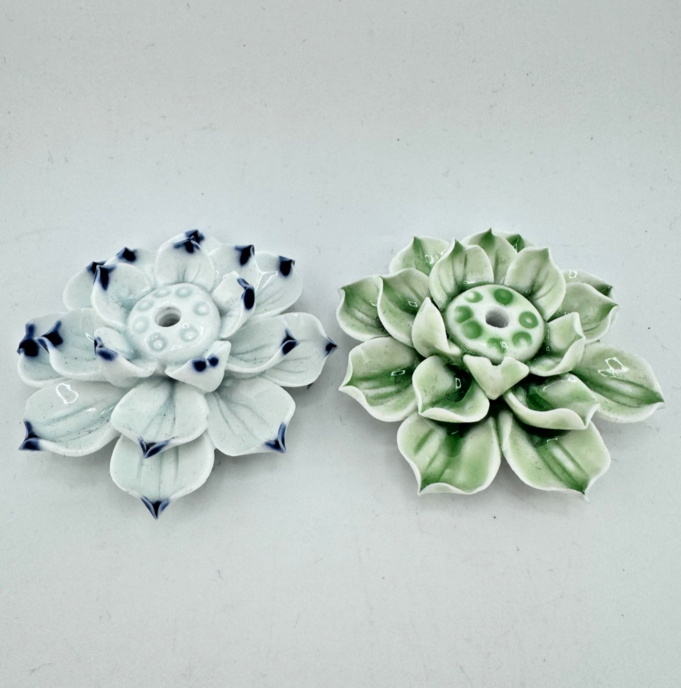 QTY 2 Lotus Incense Burners | Blue Green White Ceramic | Spiritual Zen Gift