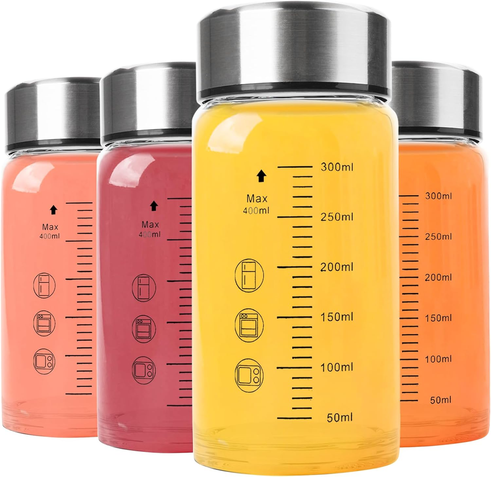 4-Pack Wide Mouth Glass Juice Bottles with Stainless Steel Lids