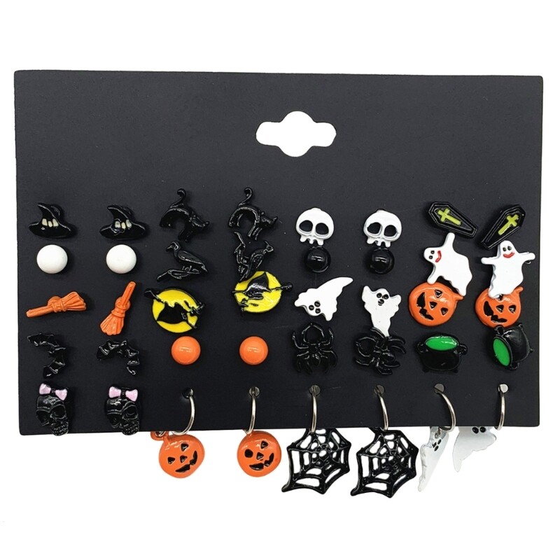 Spooky Bat & Pumpkin Dangle Earrings with Skeleton Web Pendant  