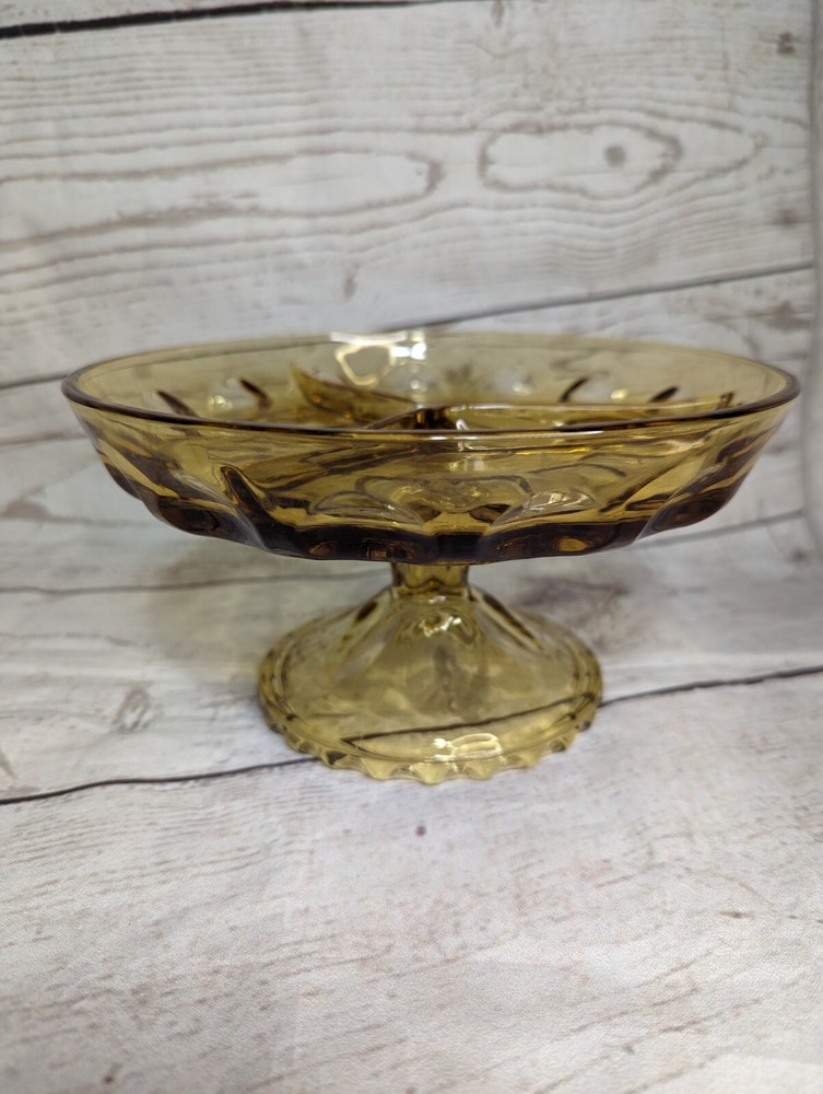 VTG MCM Amber Thumbprint Glass Divided Relish Candy Pedestal Dish 4.5 Inch Height