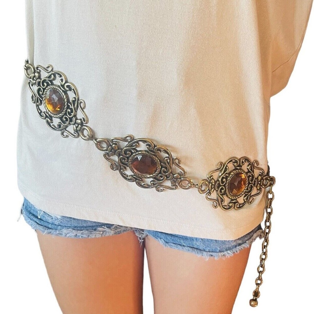 Statement Belt Wide Fashion Gold Tone Metal Adjustable Hip Womens Size Large