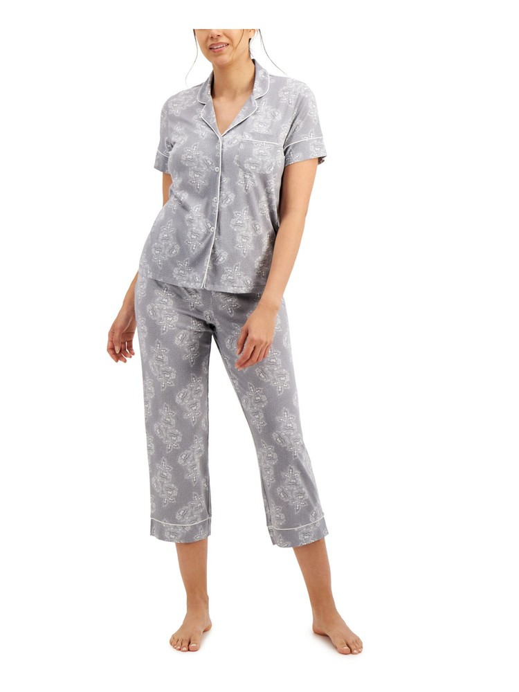 CHARTER CLUB INTIMATES Mens Gray Collar Short Sleeve Top Capri Pants Pajamas S