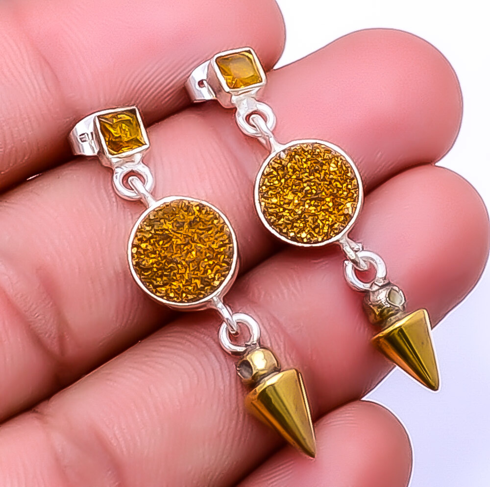 Gold Titanium Agate Drusy & Citrine 925 Silver Two Tone Earring 1.50