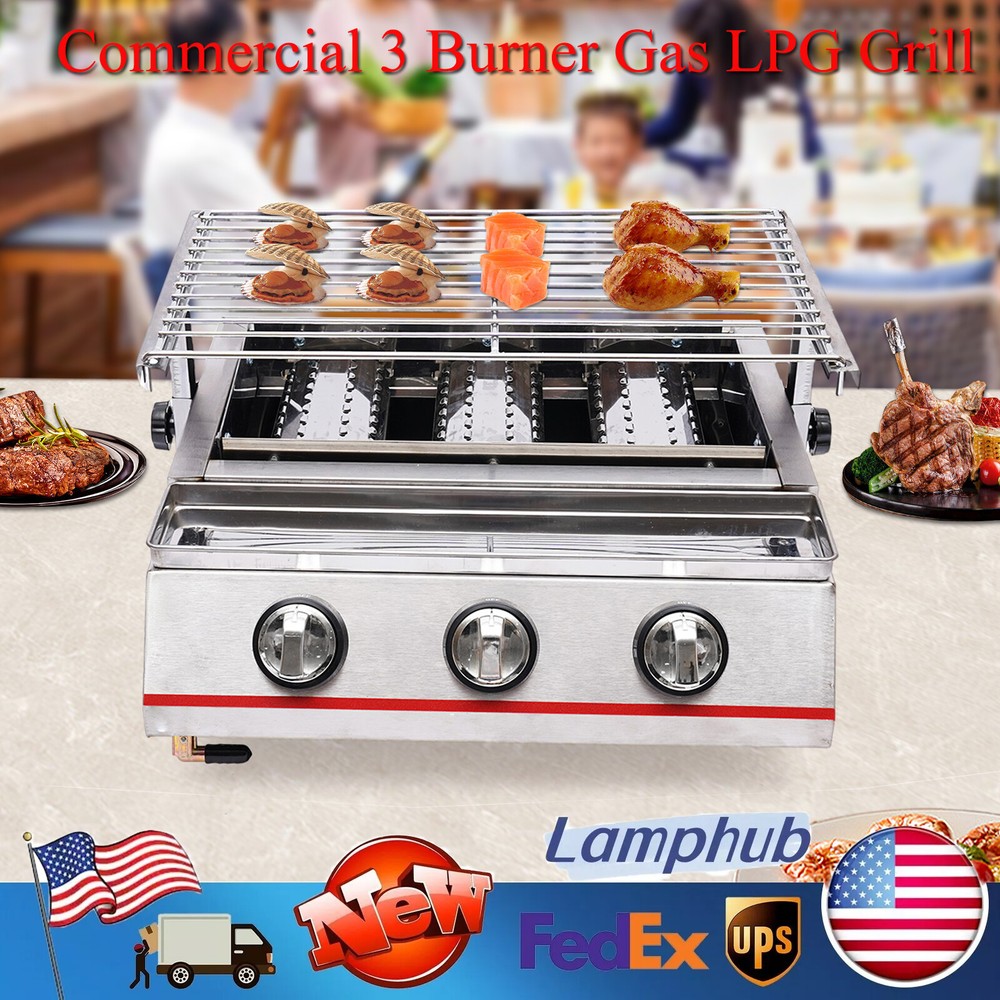 LPG Gas BBQ Grill 3-Burner Outdoor/Indoor Smokeless Cooking Grill Kitchen Cooker